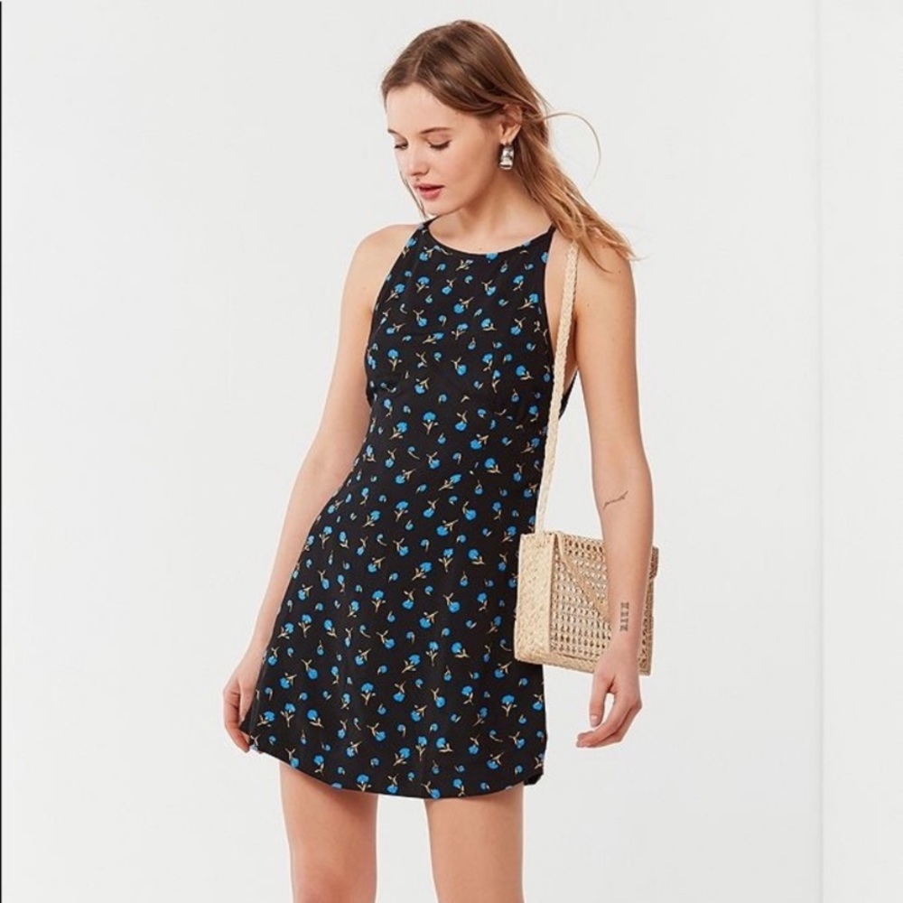 Urban Outfitters UO blue black floral sleeveless summer halter mini dress